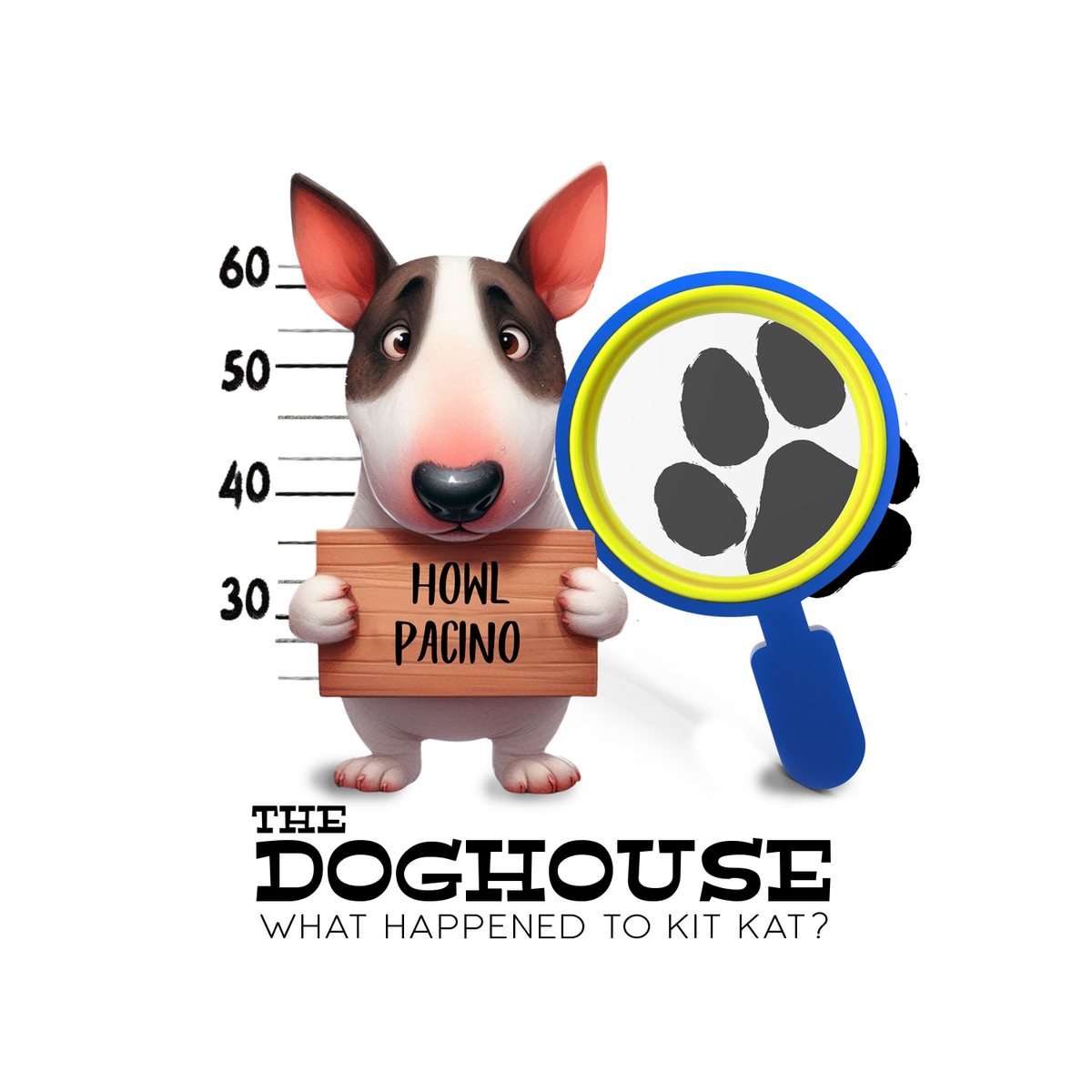 Cartoon dog holding a sign with 'Howl Pacino' and a magnifying glass with a paw print, against a white background.