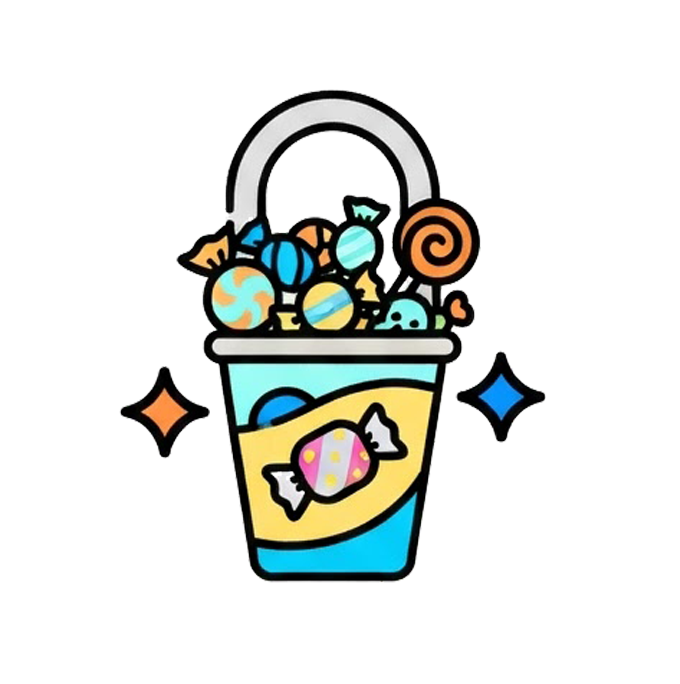 A colorful cartoon-style illustration of a candy basket filled with assorted sweets, lollipops, and wrapped candies, centered on a plain white background.