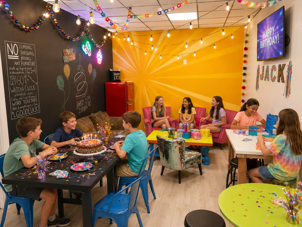 A group of children celebrating a birthday in a decorated party room with colorful tables, chairs, balloons, and string lights. One boy in the foreground is cutting a birthday cake, while other children sit and stand nearby.
