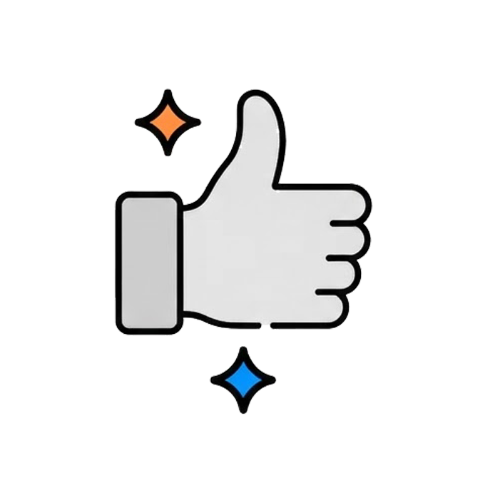 A minimalist vector icon of a thumbs-up hand with two small sparkles, one orange and one blue, on a plain white background.